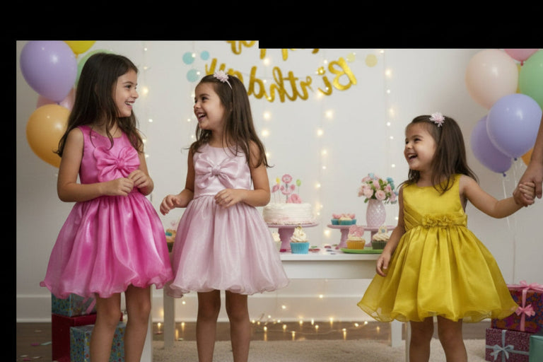 three colourful dresses with the cheerful girls in a festive image 
