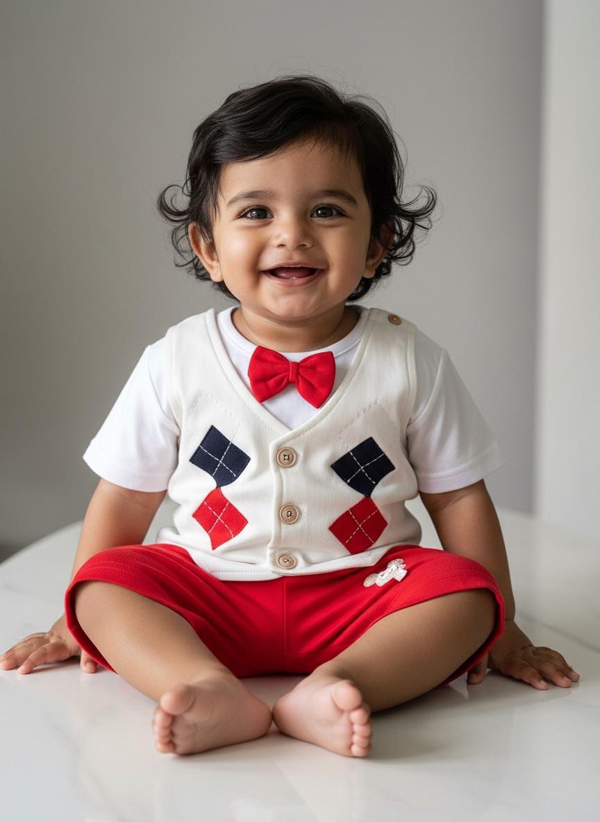 Boys Red Shorts & Diamond Vest Set with Bow Tie – Soft, Stylish & Perfect for Parties
