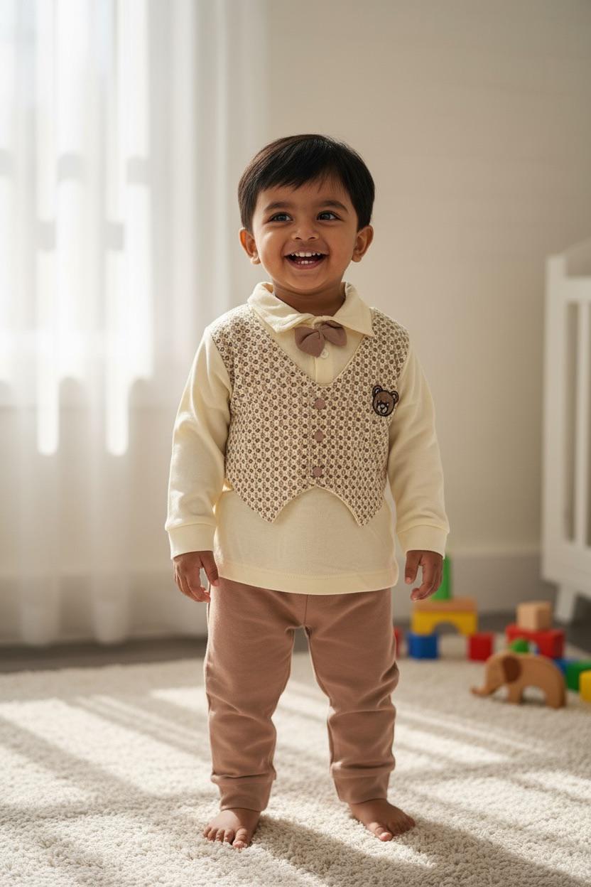 Boys Bear Emblem Vest Set with Bow Tie – Elegant, Comfortable & Perfect for Special Occasions