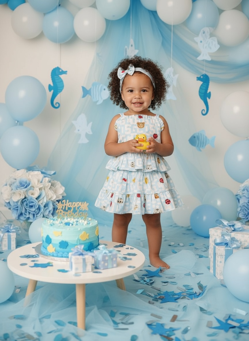 Girls Ocean-Themed Skirt Top Set with Matching Headband – Lined for Comfort, Styled for Celebration