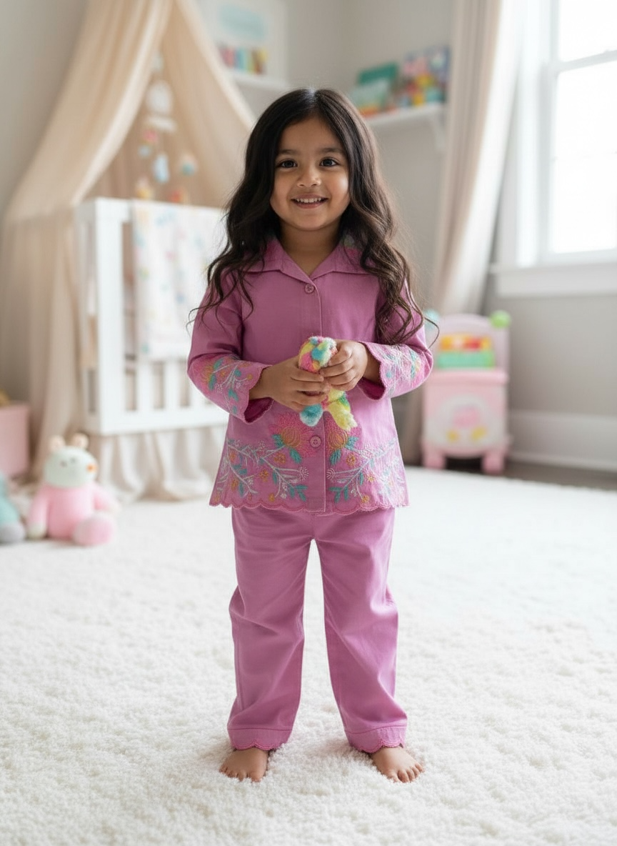 Girls Embroidered Casual Suit – Stylish 2-Piece Outfit for Ages 2–6 | Pink Floral Design