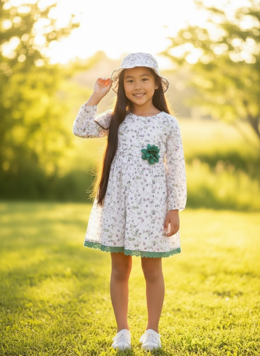 Girls White Floral Viscose Dress with Green Cotton Trim & Matching Hat – Elegant, Breathable & Perfect for Special Days