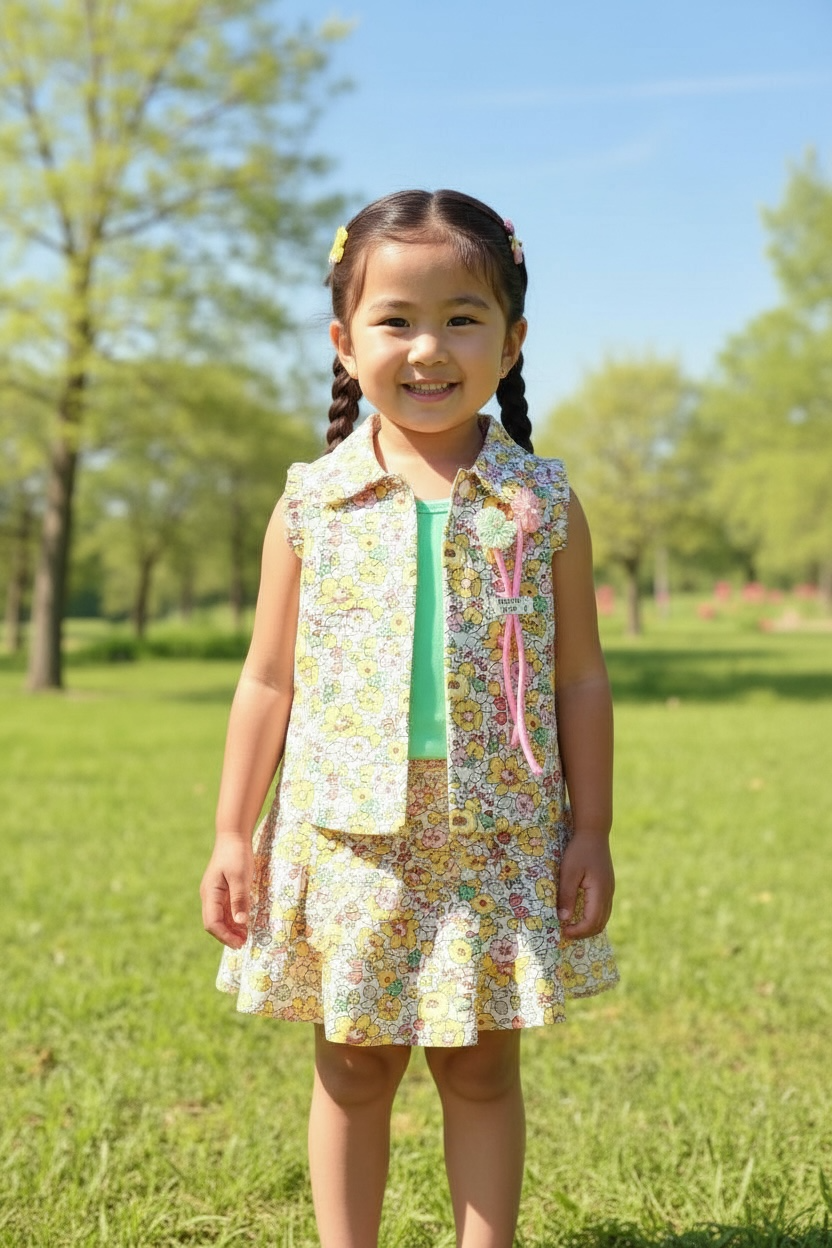Girls 3‑Piece Floral Set : Green Inner, Floral Vest & Skirt for Festive & Everyday Charm