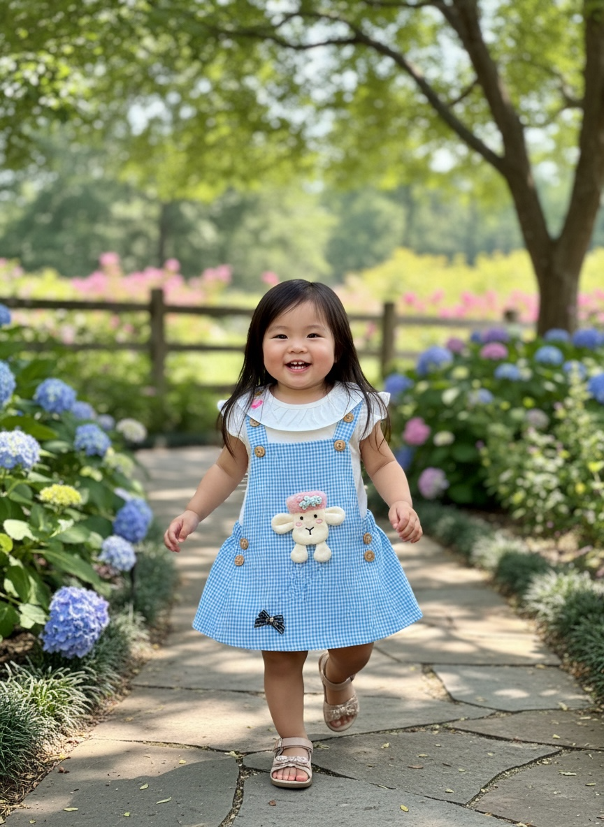 Girls Blue Dress Set with Plush Lamb Patch – Sleeveless Top, Skirt & Bloomers for Everyday Charm