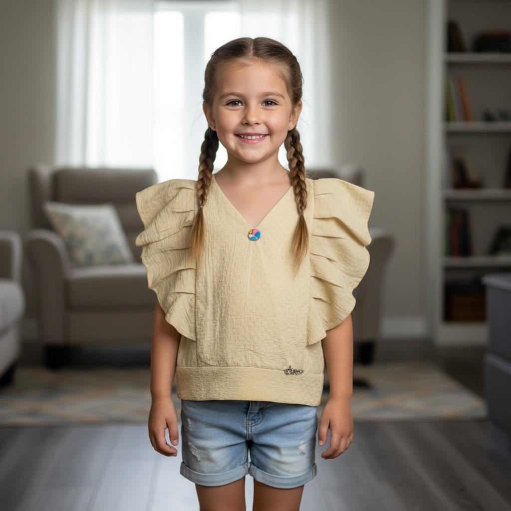 Girls Ruffle Sleeve Top – Lightweight Everyday Wear for Ages 1–6 | Blue, White & Beige Options