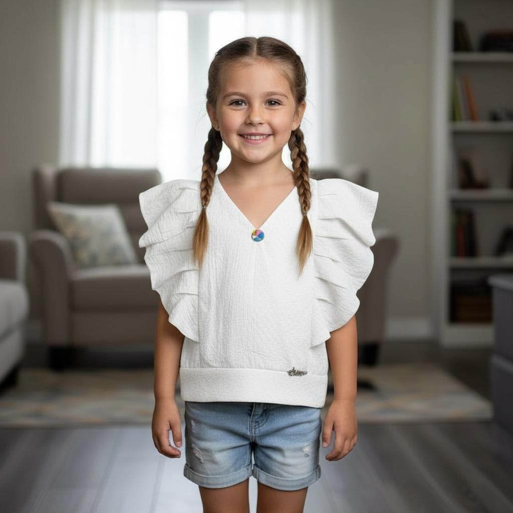Girls Ruffle Sleeve Top – Lightweight Everyday Wear for Ages 1–6 | Blue, White & Beige Options
