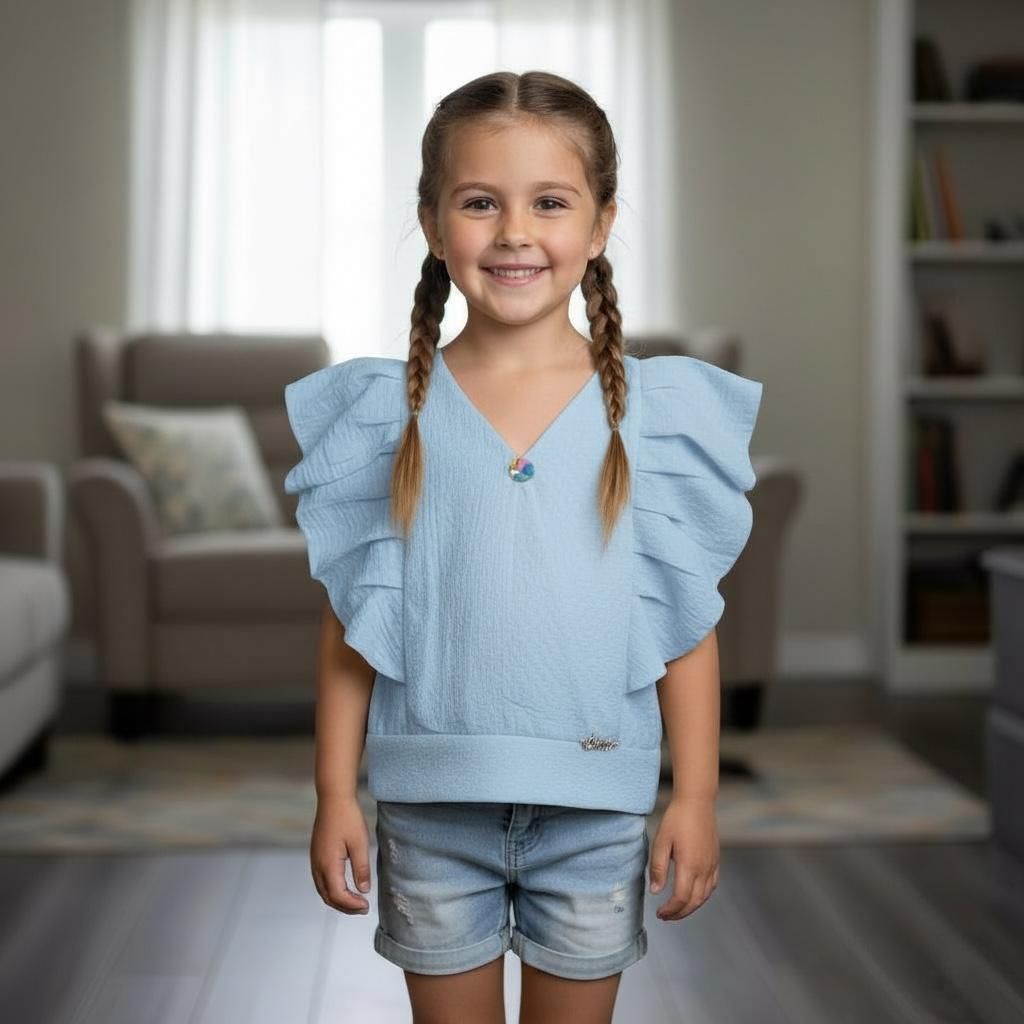 Girls Ruffle Sleeve Top – Lightweight Everyday Wear for Ages 1–6 | Blue, White & Beige Options
