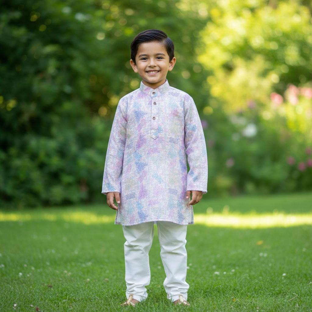 Kids Multicolor Kurta Pajama Set – Pastel Floral Ethnic Wear for Festivals & Celebrations