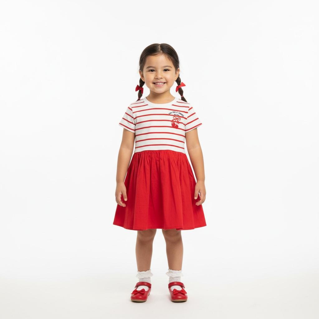 Dress – Red & White Striped Dress with Bow Detail for Girls