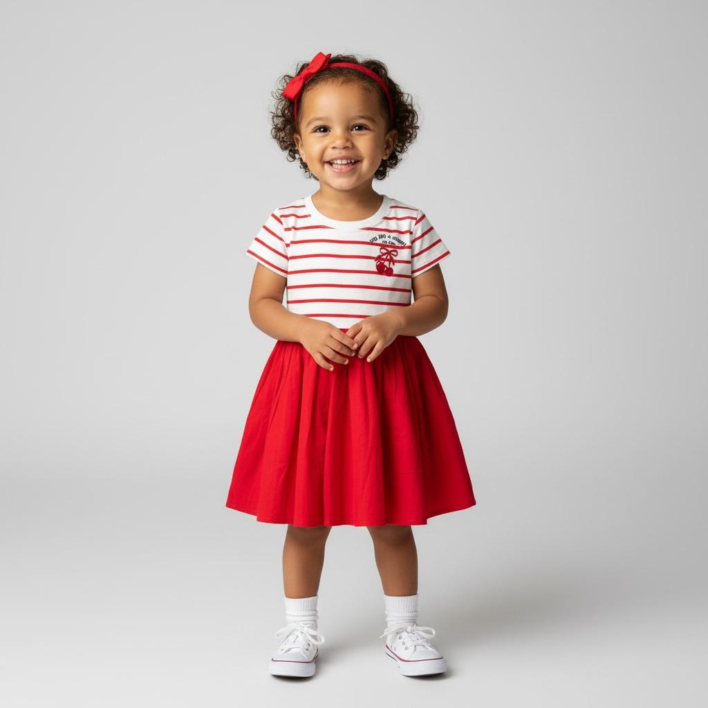 Dress – Red & White Striped Dress with Bow Detail for Girls