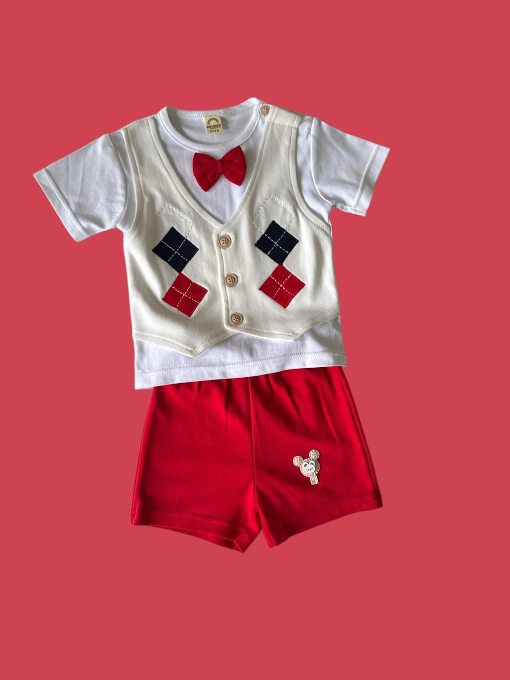 Boys Red Shorts & Diamond Vest Set with Bow Tie – Soft, Stylish & Perfect for Parties