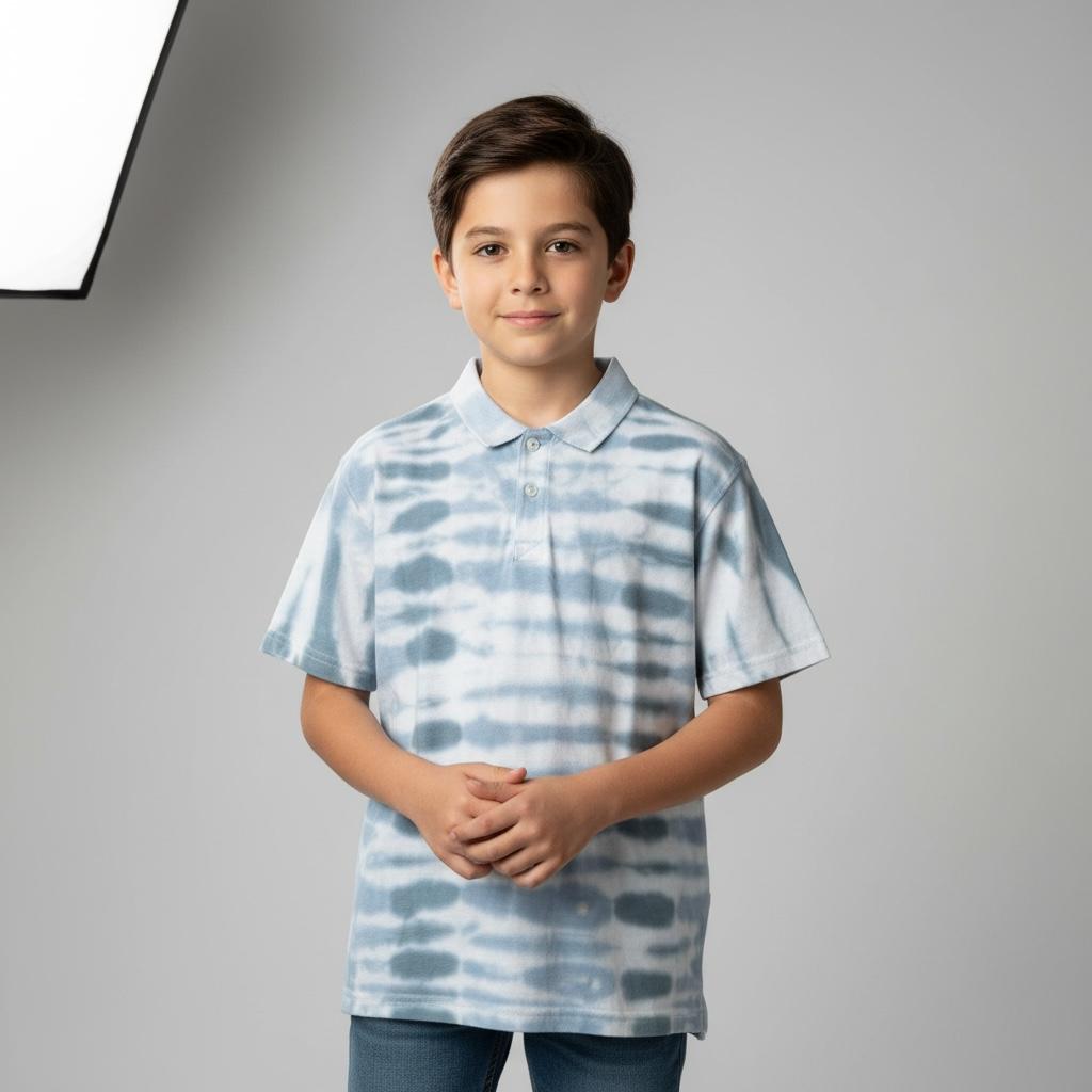 T-Shirt Polo Blue & White Tie-Dye – Cool Comfort for Stylish Kids