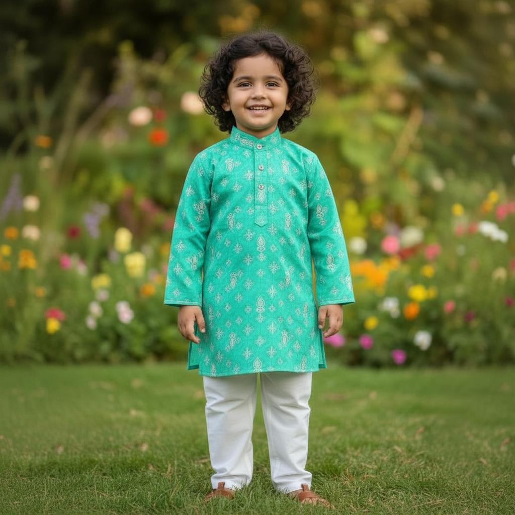 Kids Traditional Kurta Set – Aqua Green, Pink & Beige | Elegant Ethnic Wear for Festive Moments