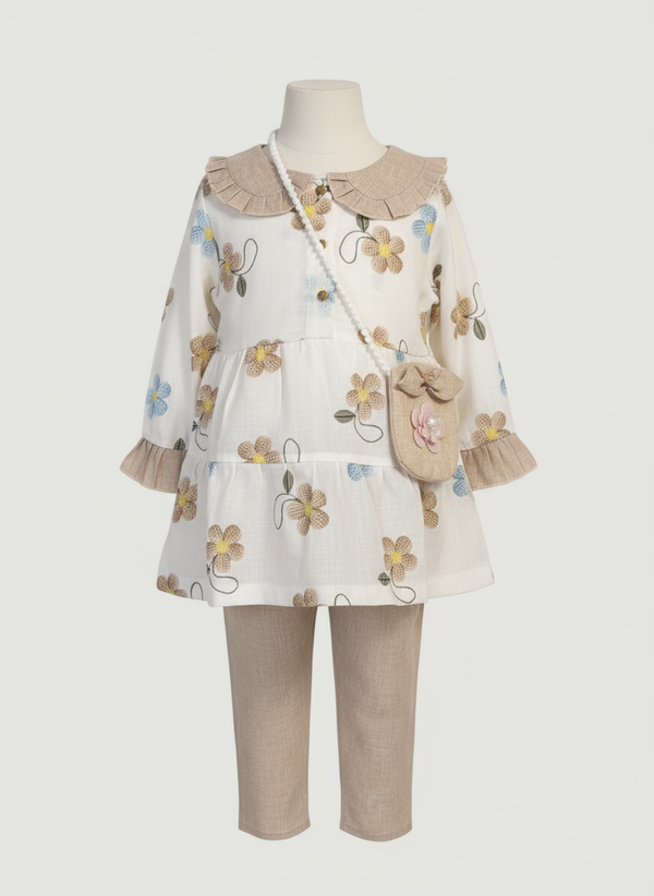 Beige Floral Full‑Length Girls Dress with Matching Bag – Elegant Party & Casual Wear