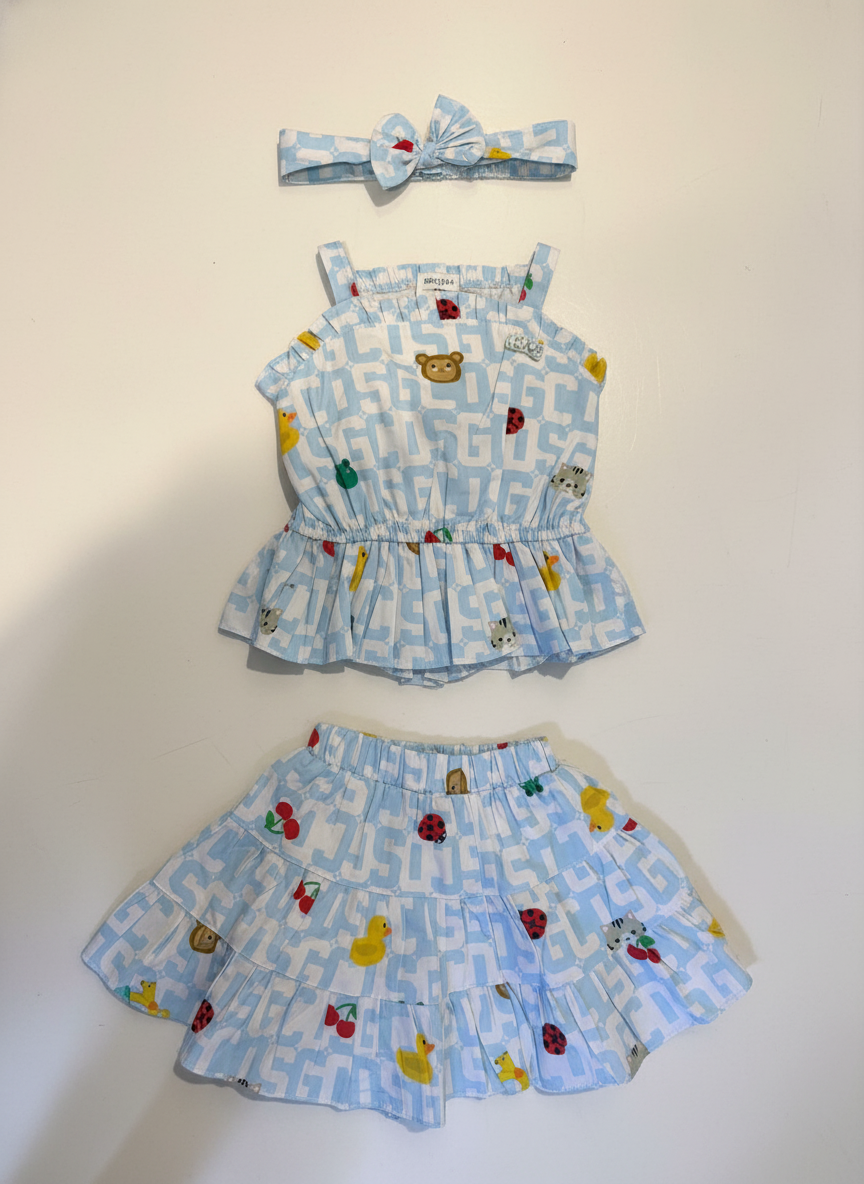 Girls Ocean-Themed Skirt Top Set with Matching Headband – Lined for Comfort, Styled for Celebration