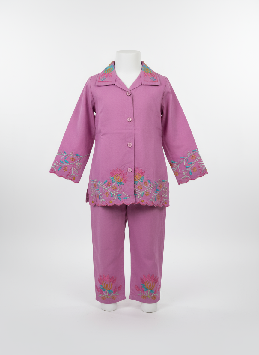 Girls Embroidered Casual Suit – Stylish 2-Piece Outfit for Ages 2–6 | Pink Floral Design